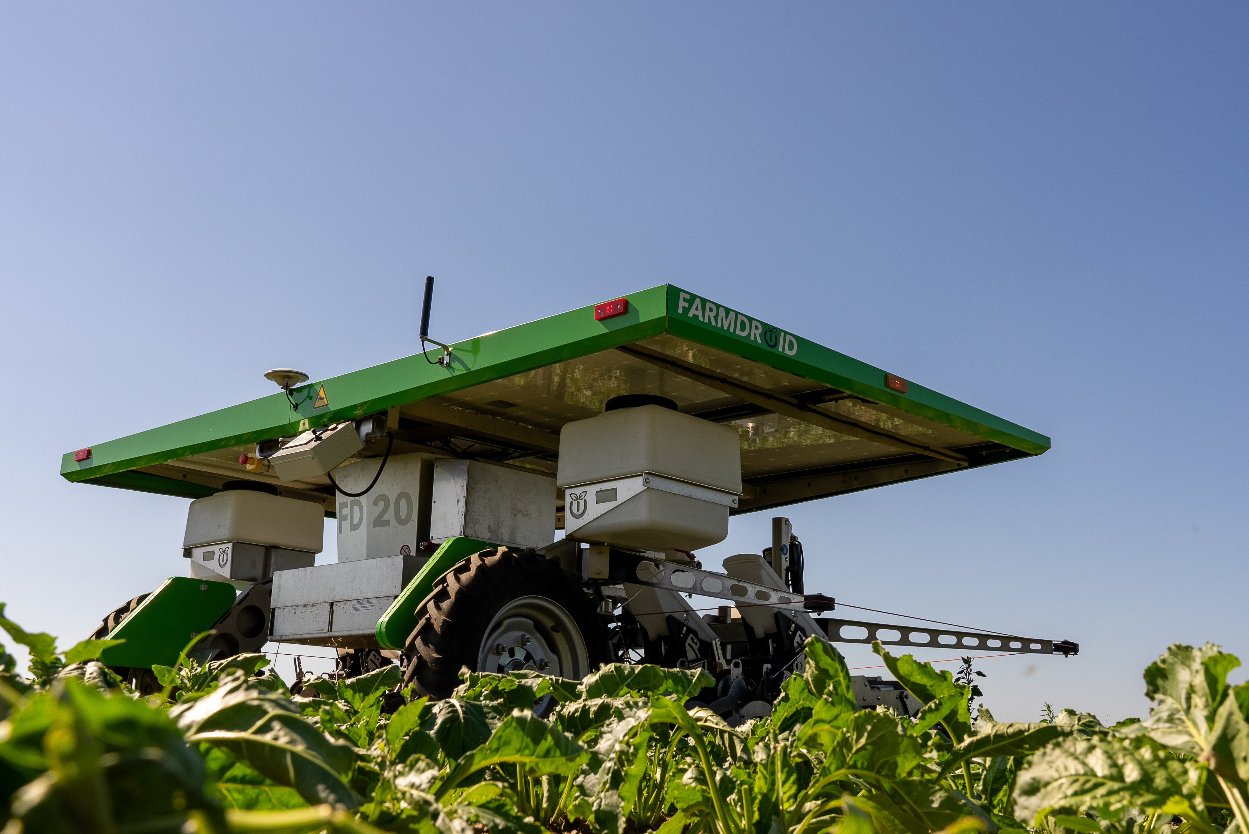 FarmDroid FD20 fitted with optional spot spraying applicator